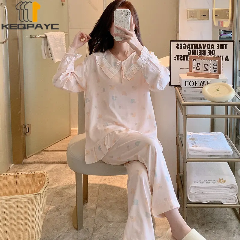 Women's Pajamas New 2023 Spring Autumn Long Sleeve Thin Sleepwear Pyjamas Women Sweet Cartoon Casual Nightwear Clothing Sets