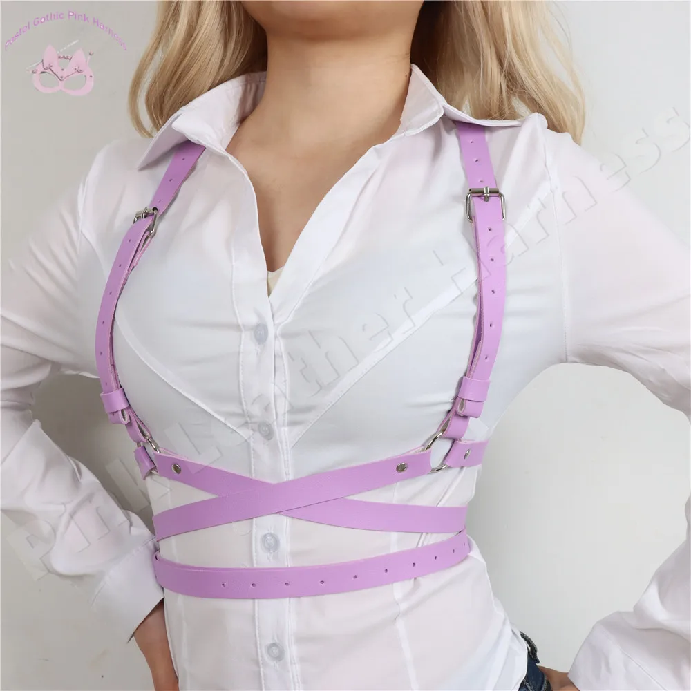 Buckle Decor Harness Belt Women Purple PU Leather Corset Bra Cage Punk Fashion Waistband Goth Girls Shirt Straps Y2K Accessories