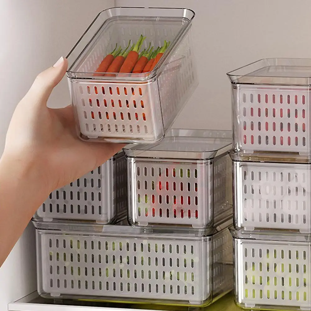 

Food Storage Box Double Layer Clear Fresh-keeping Reusable Vegetable Fruit Berry Salad Organizers Bin with Lid Kitchen Supplies