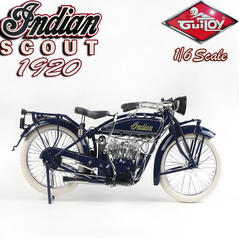 RARE GUILOY 1/6 INDIAN SCOUT 1920 MOTORCYCLES 16231 - BLUE METAL DIECAST