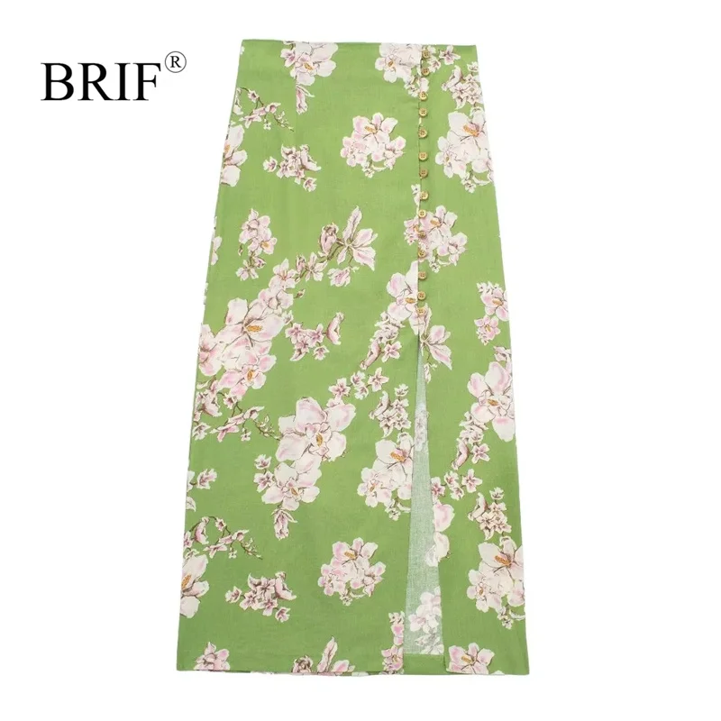 

BRIF Women Elegant Green Printed Linen-blend Midi Skirt High Waist False Front Buttons Slit at Hem Back Zip Streetwear