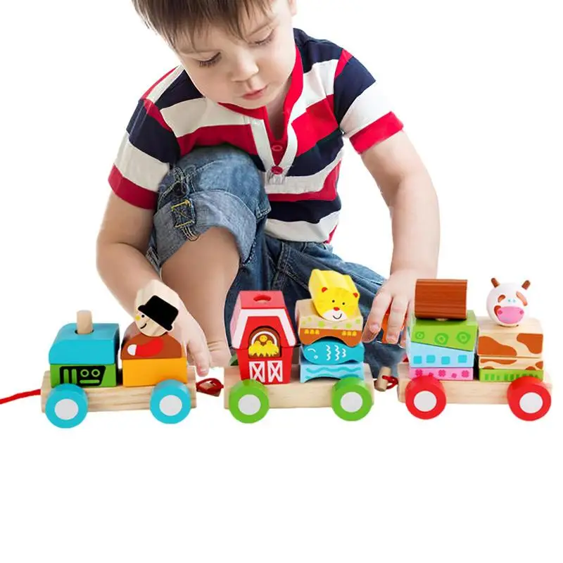 

Деревянный Штабелируемый поезд, тянущиеся вдоль игрушки, блоки, животные, поезд, ферма, набор поездов, Детская развивающая игрушка, многофункциональные блоки Nursy