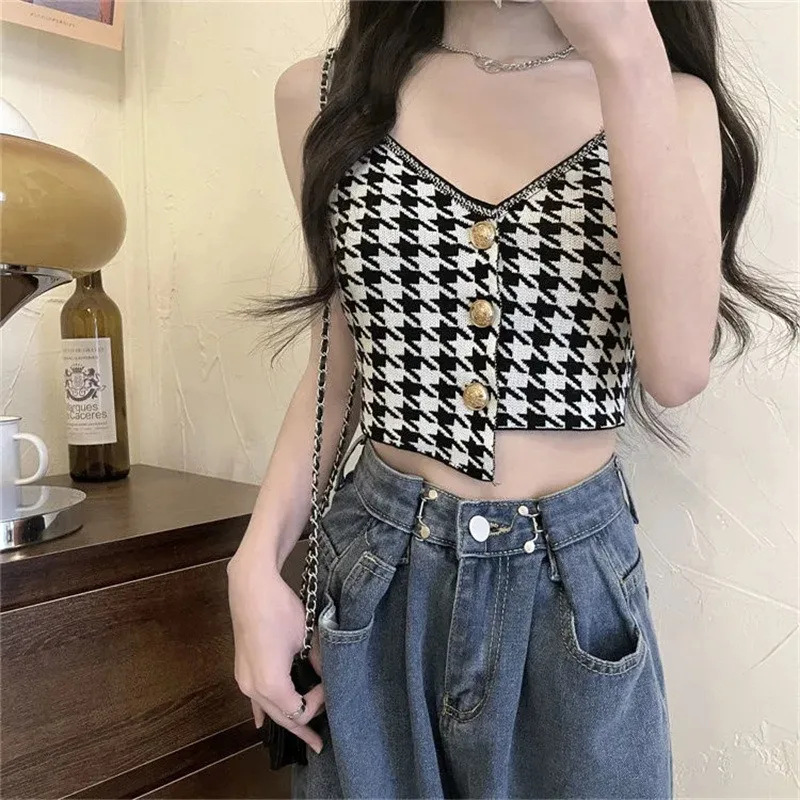 

Qianniao Checker Women Top Autumn Retro Inner Layering Tank Camis Fashion Irregular Fit Sexy Halter Paired Suit Coat Y2K Mujer