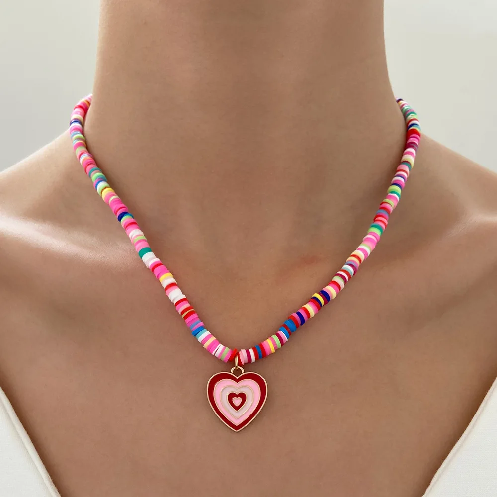 

Bohemian Cute Sweet Candy Color Love Heart Choker Chain Necklace for Women Korean Fashion ins Soft Ceramic Necklace Wholesale