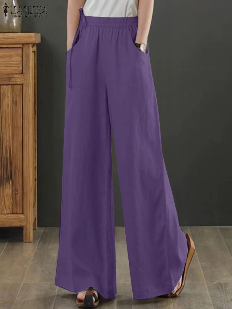 

ZANZEA Autumn Women Wide Leg Pants Solid Color Side Pockets Elastic Waist Palazzo Casual Elegant Vintage Long Pantalon Trousers