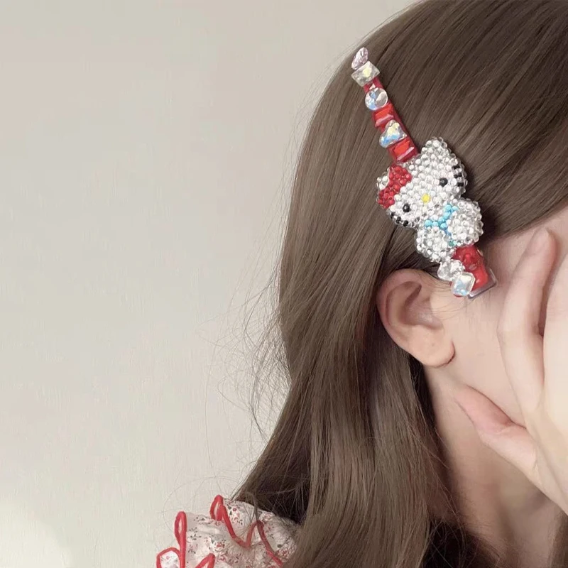 Милая заколка для волос Sanrio в стиле аниме Hello Kitty сверкающие стразы виде одного