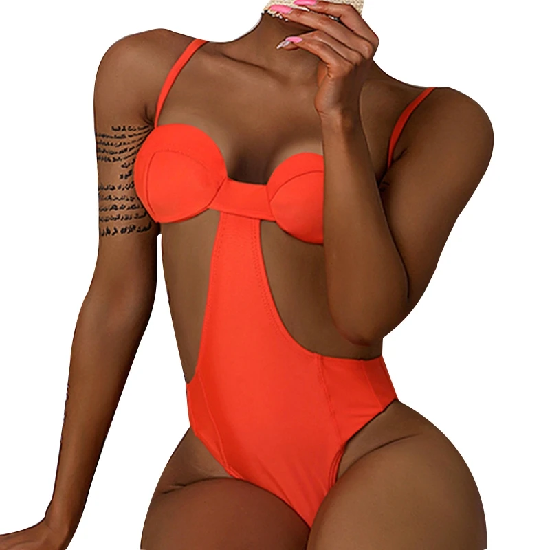 

High Waist Women Triangle Bathing Suit Sexy One-piece Lady Slim Spaghetti Strap Backless Hollow Swimsuit Bikini Swimwear