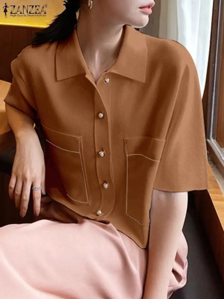 

Модная блузка на пуговицах ZANZEA, женские рубашки с отложным воротником и коротким рукавом, праздничные Короткие топы контрастных цветов, лет...