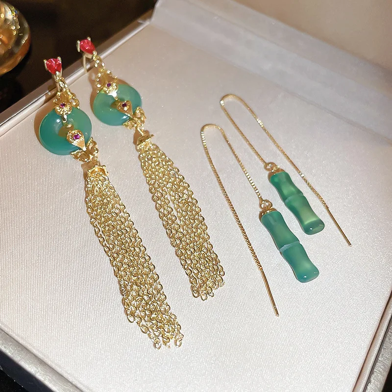 

Minar Chinese Style Agate Jade Wearing Bamboo Joint Dangle Earrings for Women Lady 14K Gold Copper CZ Zircon Long Tassel Earring