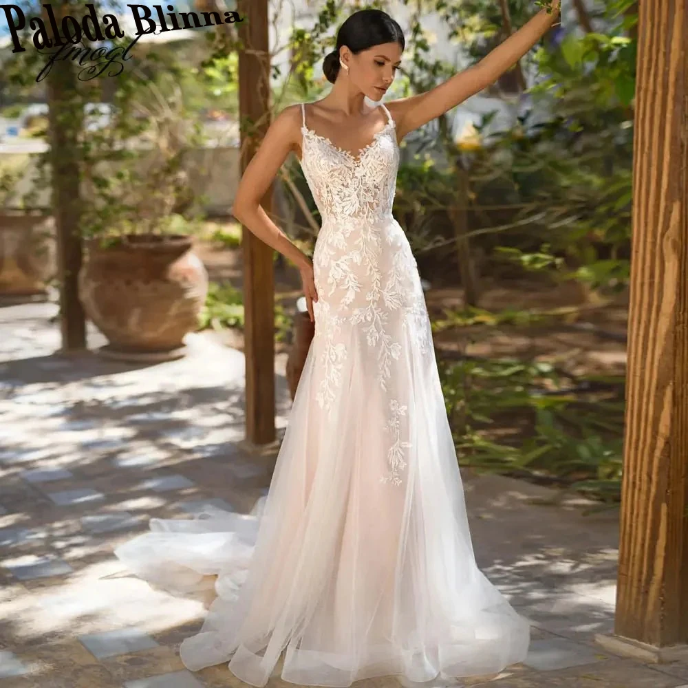 

Paloda Vintage Mermaid Appliques Wedding Dresses 2023 Bride Spaghetti Straps V-Neck Court Train Sleeveless Button Tulle