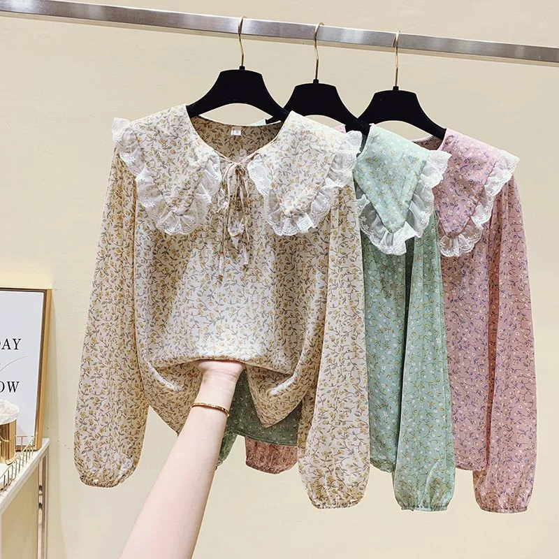 

Peter Pan Collar Lace Patchwork Autumn Bandage Blouses Vintage Blusas Mujer De Moda 2023 Chiffon Flower Print Large Size Shirts