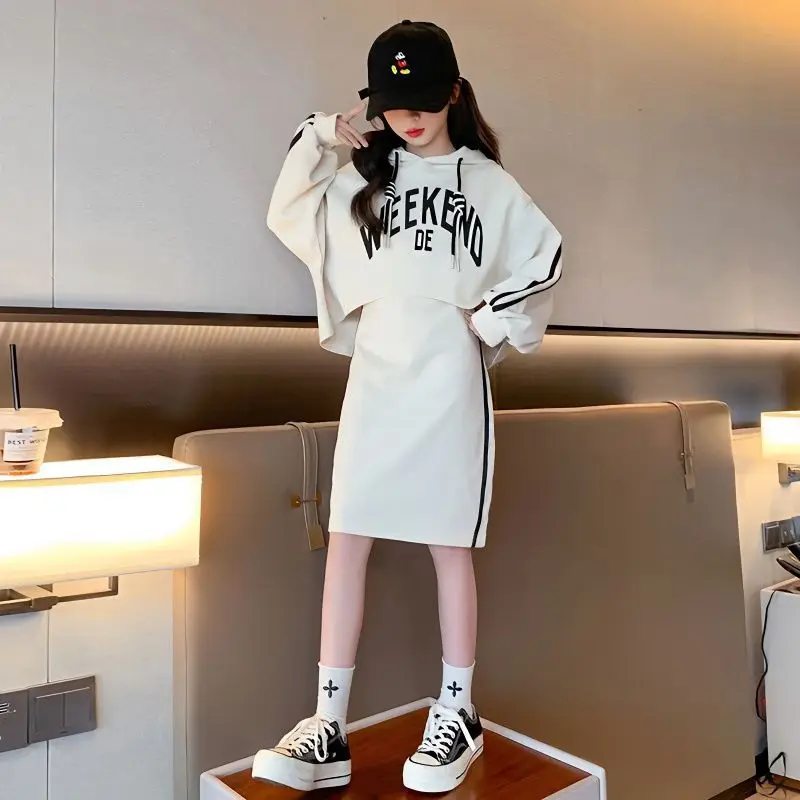

Girls Spring Autumn Clothes Sets 2023 New Junior Kids Fashion Letter Loose Hoodie+Dresses 2Pcs Outfits Children Sports Suits