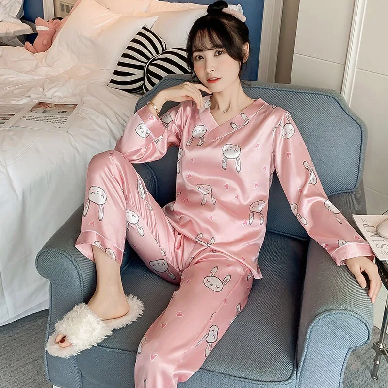 Ice Silk Pajamas Ladies Spring and Autumn Long-sleeved Thin Sweet Silk Home Clothes Two-piece Suit Silk Pajamas for Women