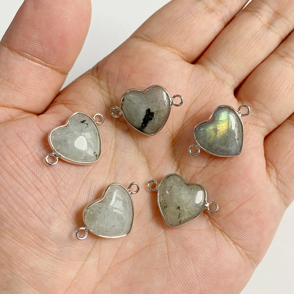 5PCS 15MM Natural Stone Pendant Connector Silver-colored Heart Shape Agates Malachite Crystal Beads Charms for Jewelry Making