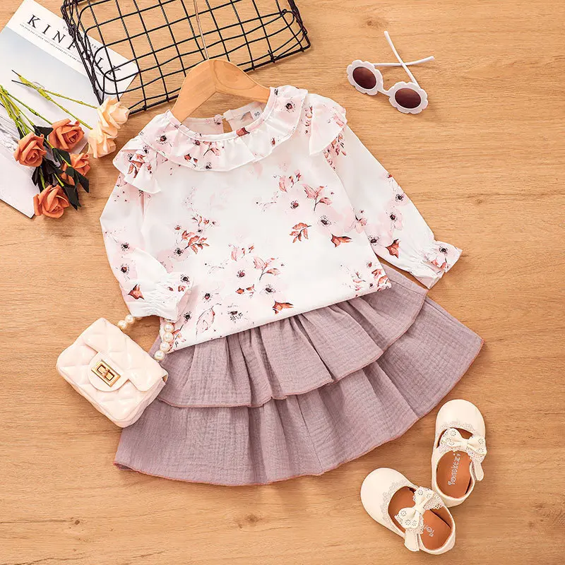 

2021 Winter Children Sets Long Sleeve O Neck Floral Ruffles Skirt Pink Cute 2Pcs Roupa Infantil Menina Clothes Sets 18M-6T