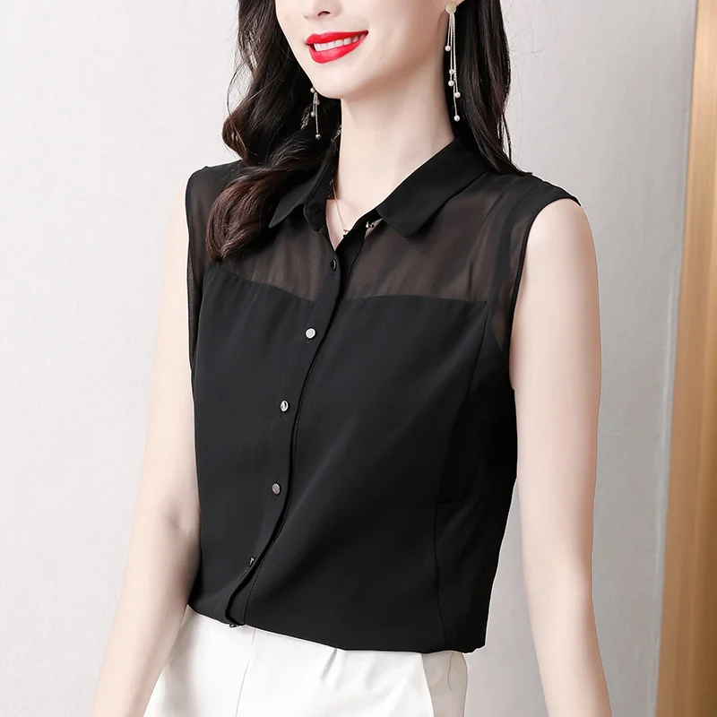 #1702 Womens Tops And Blouses Sleeveless Chiffon Vest Shirt Vintage Women Fashion Tops Summer Black Button Up Thin Sexy Loose