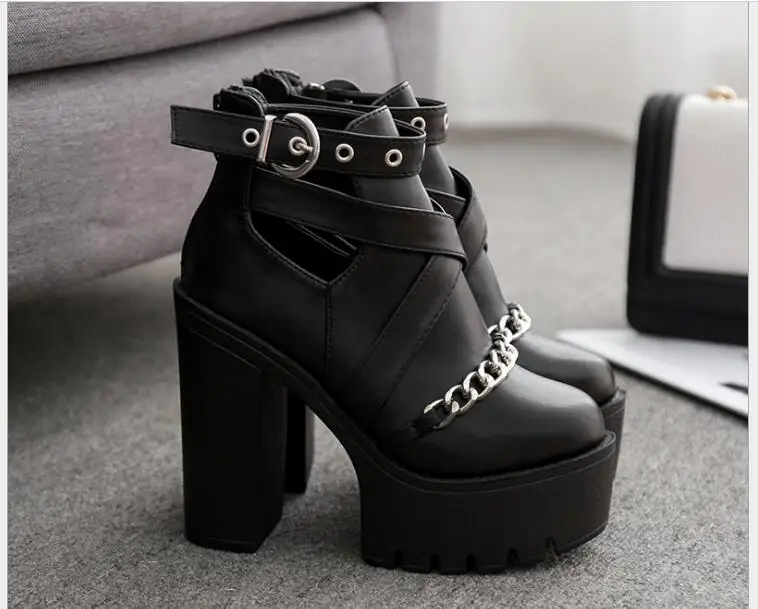 2023 sexy High heels Fashion Ankle Boots For Women High Heels Casual Cut-outs Buckle Round Toe Chain Thick Heels Platform Shoes