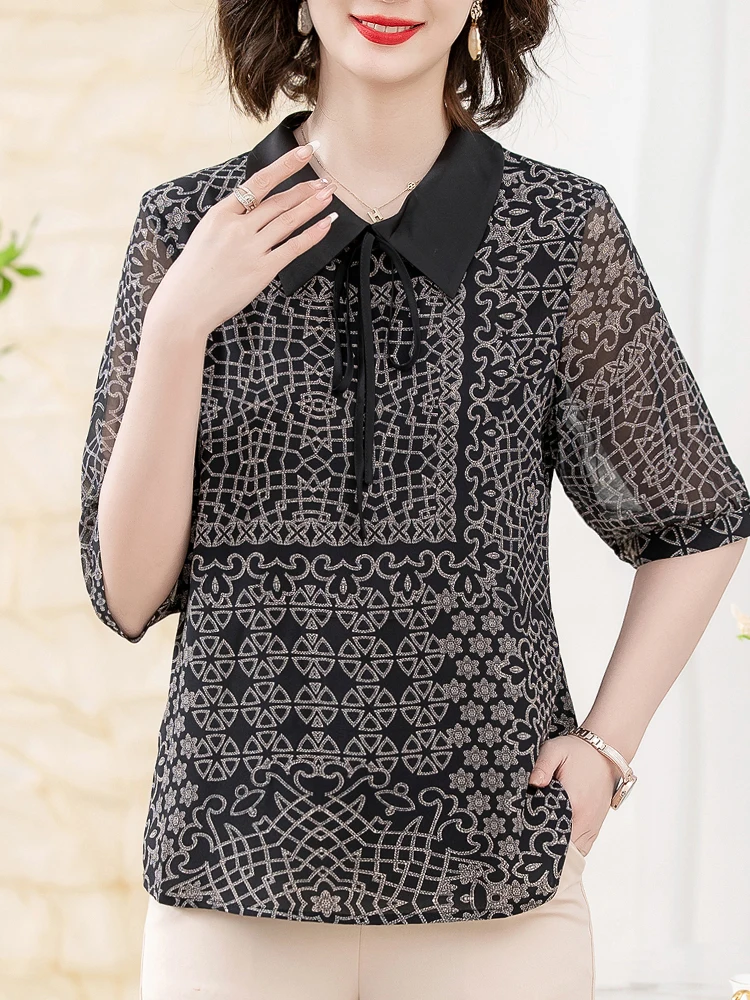 

Geometry Women's Shirt Summer Print Long Sleeve Top Women Korean Fashion Vintage Chiffon Shirts & Blouses