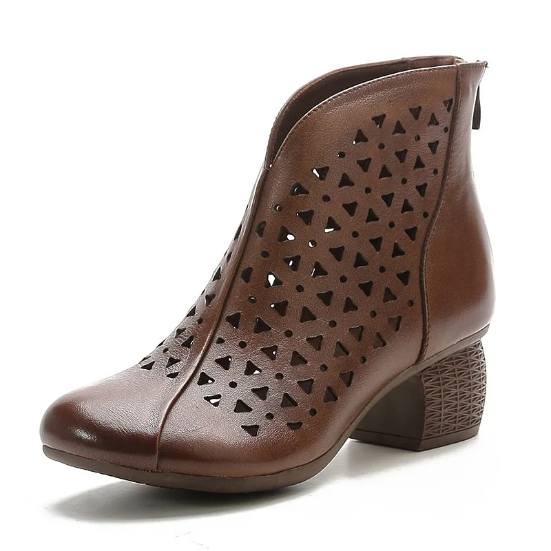 

2023 Summer Ankle Boots Genuine Leather Shoes Women Mid Heels Sandals Side Zip Boots Cutout Breathable Mujer Zapatos Fashion New