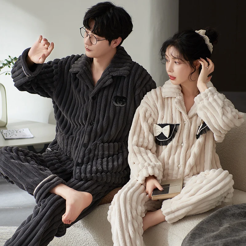 QUHENG New Flannel Pajamas for Couple Fashion Home Clothing Winter Warm Sleepwear Soft Man and Women's Pyjamas for Youth Couple