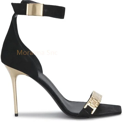 Square Toe Cover Heel Sandals Women Summer 2023 Gold Heel Stiletto Ladies Shoes Buckle Strap Metal Decor Fashion Sexy Party Shoe
