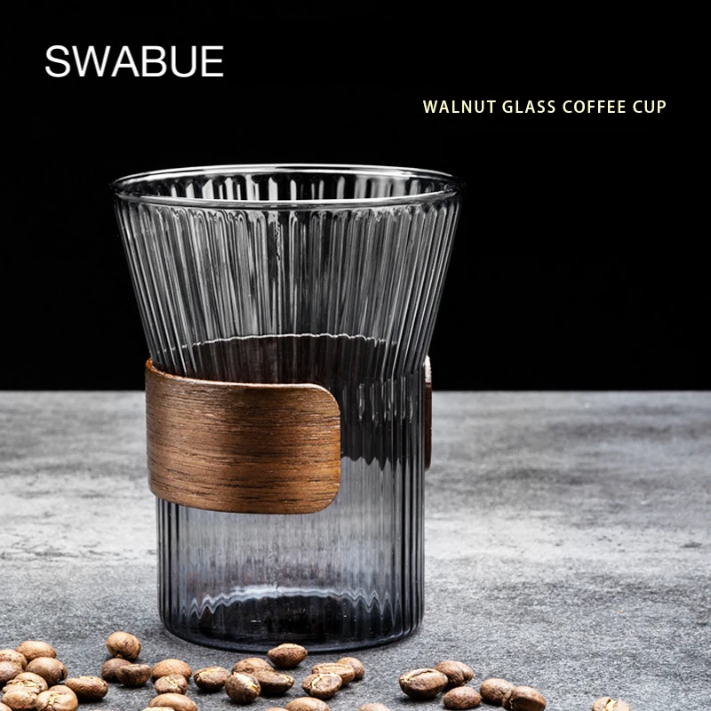 

Japanese Style Stripes Hand-brewed Glass Coffee Mug Heat-resistant Insulated Walnut High Borosilicate Whisky Teaware Set Cup