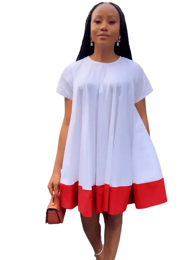 

Женское повседневное мини-платье с карманами, элегантное свободное контрастное платье миди с коротким рукавом и круглым вырезом, весна-лет...