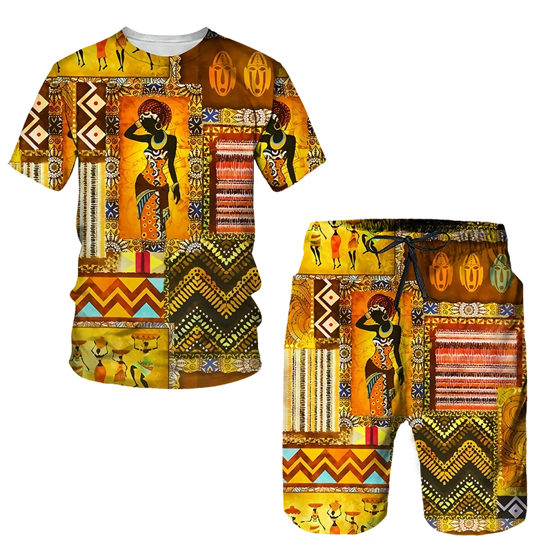 New Arrivals Summer Men's T-shirt Suit African Traditional Clothing Oversized Loose Tracksuit Two-piece Tracksuit