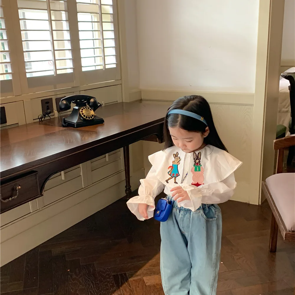 

2022 Children's Clothing Autumn Korean Girls Long Sleeved Shirt Big Lapel Cartoon Baby Cute Top