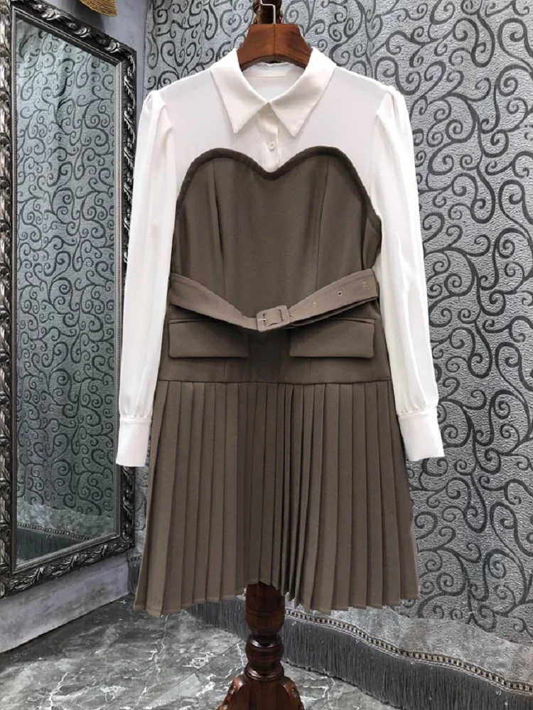 

Newest Fashion Autumn Winter Dress 2022 High Quality Clothes Women White Turn-down Collar Color Block Long Sleeve Pleated Dress