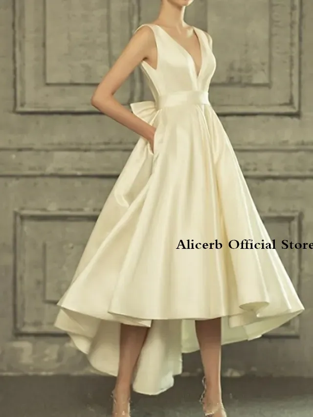 

A-Line Wedding Dresses V Neck Asymmetrical Satin Regular Straps Simple Casual Vintage Little White Dress With Bow(S) 2022