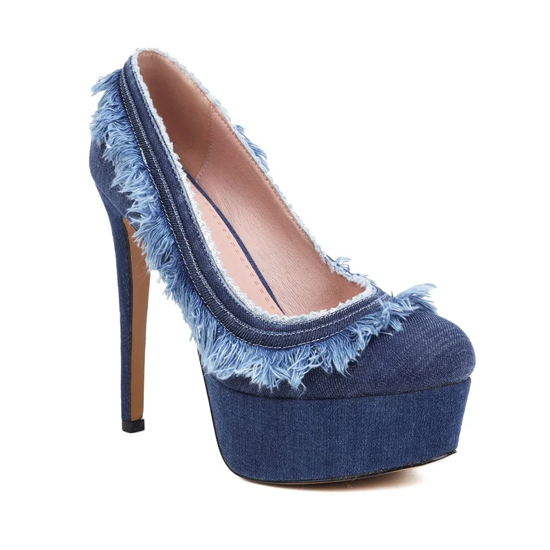 big size thin high heels designer shoes fashion denim women pumps sexy lady round toe women heels party OL shoes woman blue shoe