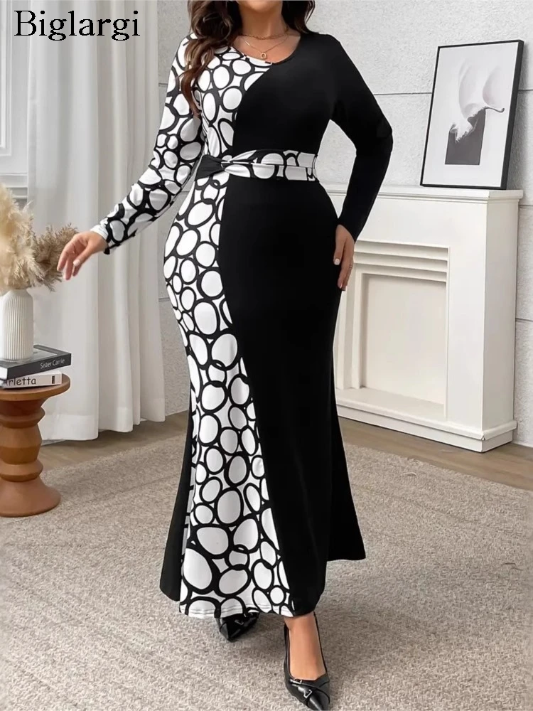 Плюс размер геометрический принт лоскутное осеннее платье рыбий хвост женское