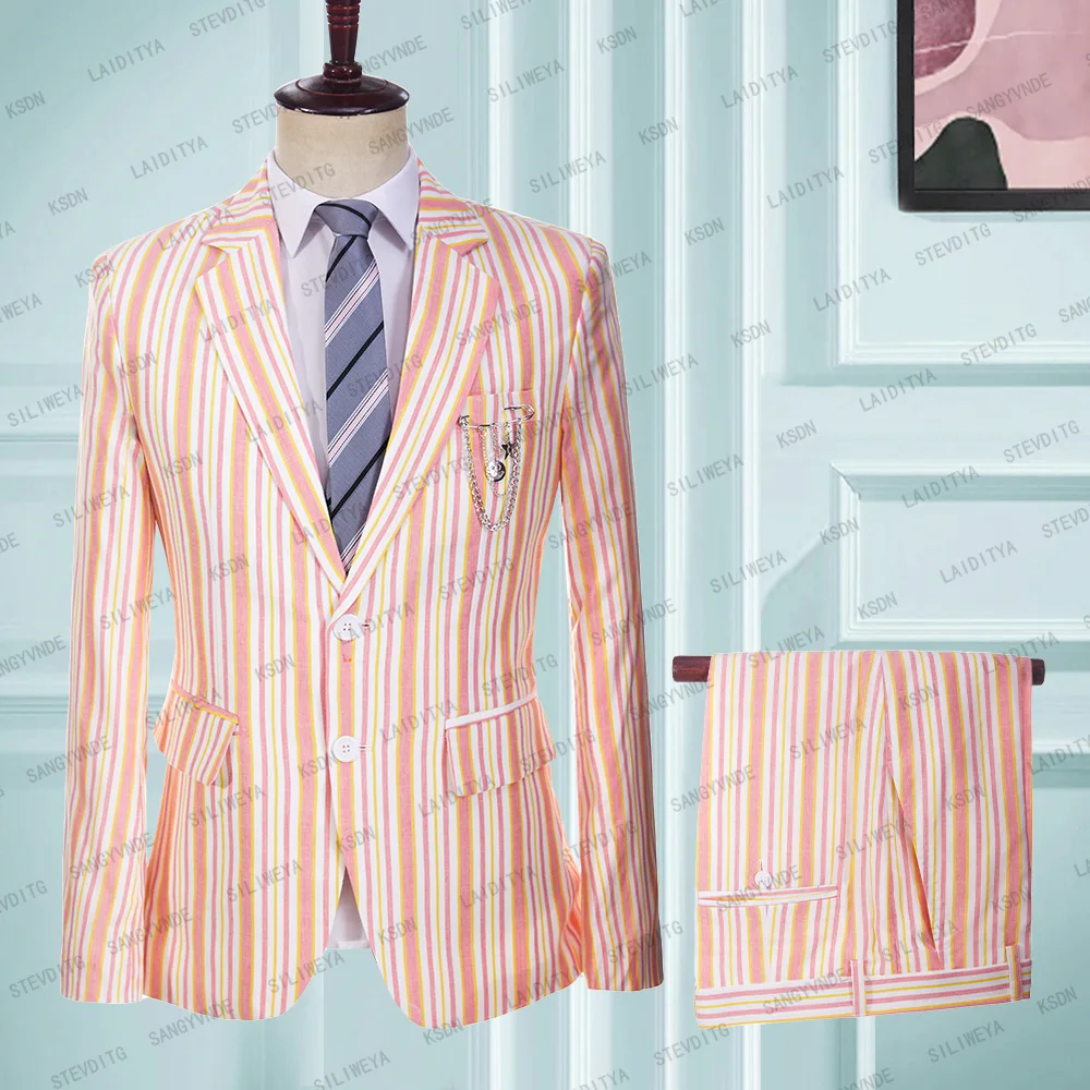 

Мужской льняной костюм в полоску, удобный дышащий пиджак и брюки, комплект из 2 предметов, лето 2023