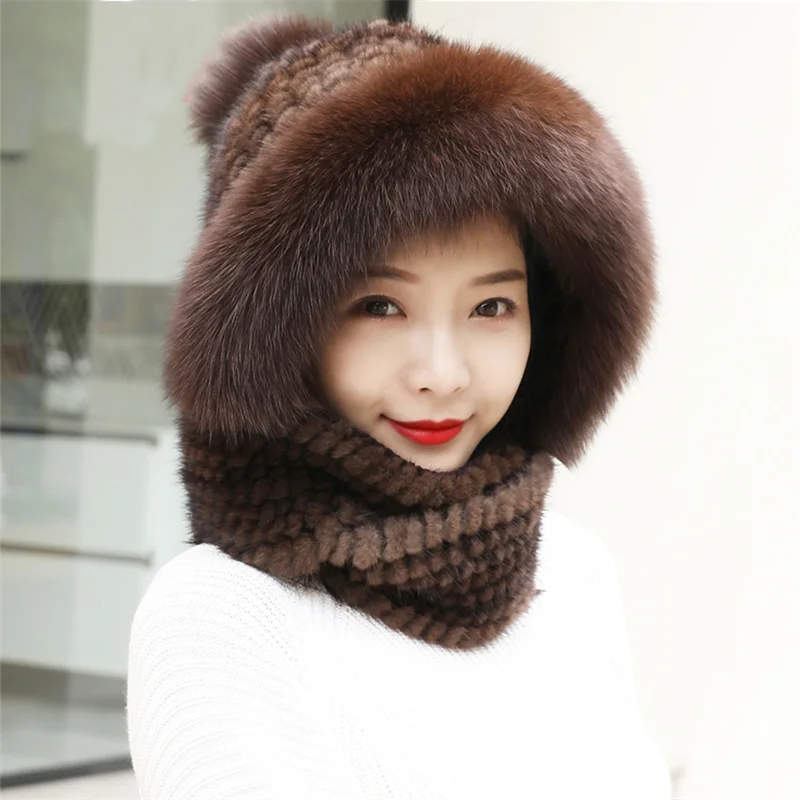 Mink Fur Beanie Scarf Skullcap Japanese Imp Knit Mink Fur Hat Autumn And Winter Cute Fox Fur Tip Scarf One Piece Hat Lady Hat
