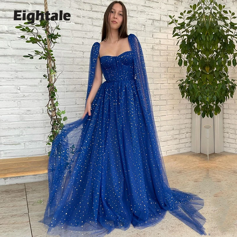 Eightale Starry Prom Dresses 2022 Royal Blue Cap Sleeves Sparkly Evening Gown Long Party Dress vestidos para graduación