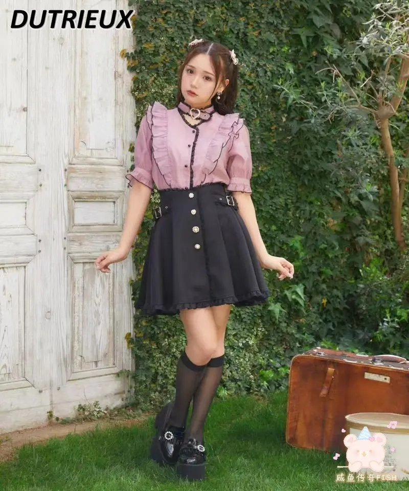 

Rojita Japanese Style Women's Skirt Rhinestone Belt All-Match Solid Color Casual Skirt Sweet Cute High Waist Skirt for Lady