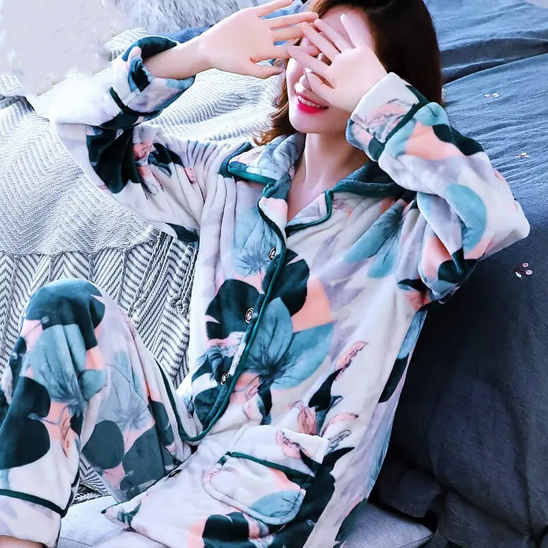 Winter Women's Pajamas Set Sexy Print Flower Pajamas 2020 Fashion Mom Casual Female Turn-down Collar Flannel Sleepwear