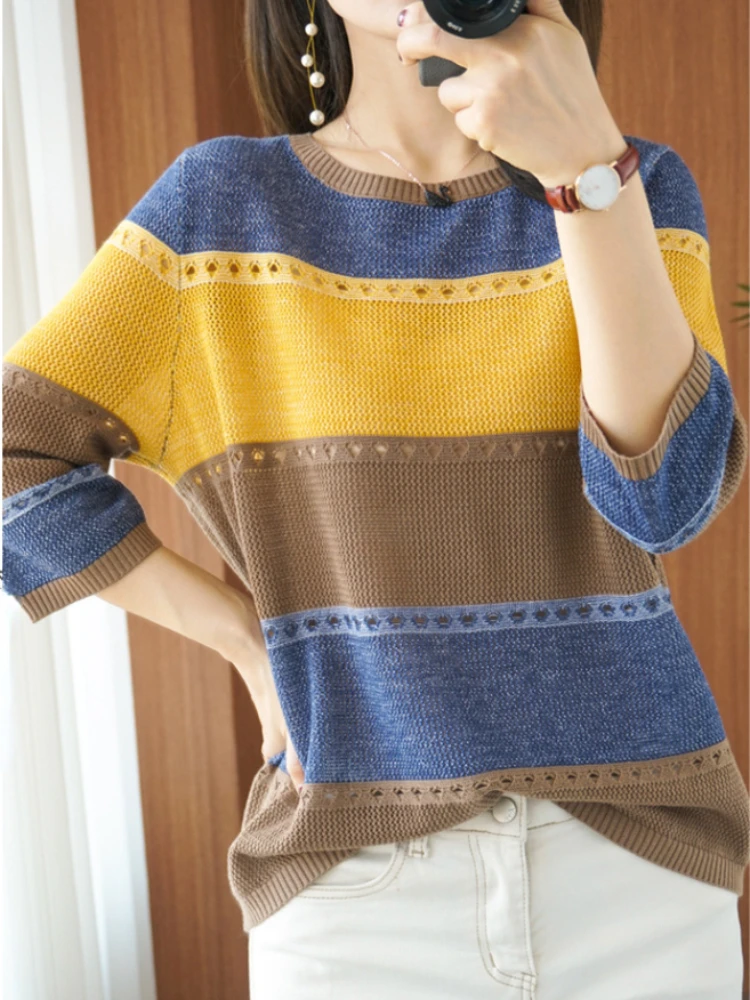 Fashion Tops 2022 Women O-Neck T-shirt Knitted Pullover Women Loose Hollow Bottoming Shirt Oversized Sweater Women's Clothing