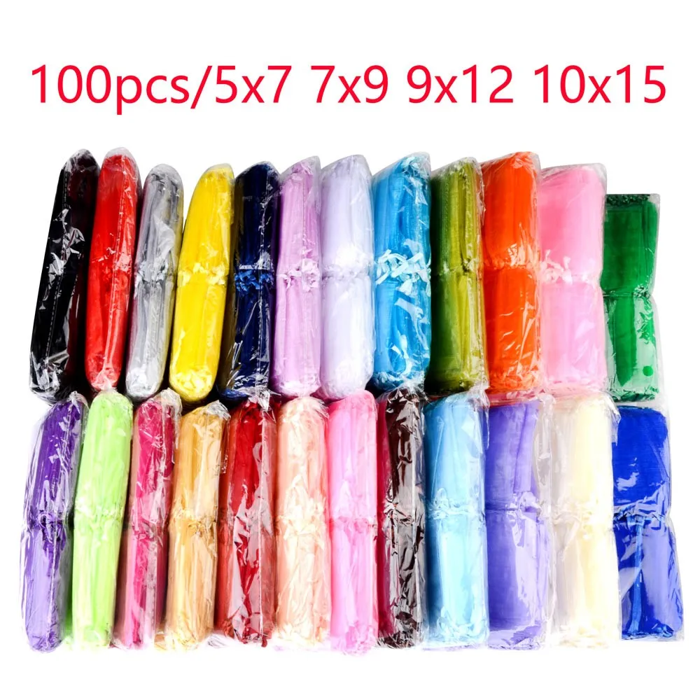100pcs/lot Wholesale Organza Bags 5*7 7*9 9*12 10*15 Drawable Wedding Packaging Gift Bag Party Jewelry Bags Pouches