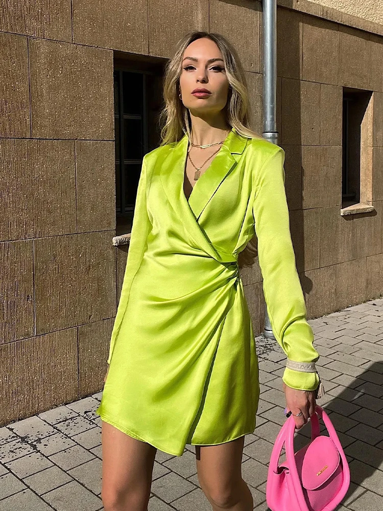 

Women 2022 New Chic Fashion with shoulder pads satin Mini Dress Vintage long Sleeve Button-up Female Dresses Vestidos