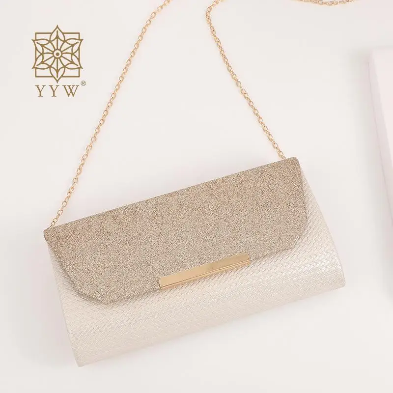 Khaki Woven Envelope Women'S Clutch Bag Glitter Bridal Elegant Handbags For Wedding Party Chain Evening Bags Shoulder Clutch