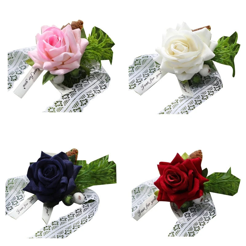 

Креативный Свадебный браслет для невесты, подружки невесты, цветок на запястье, искусственная Роза, листья, кружевной браслет, корсажный бр...