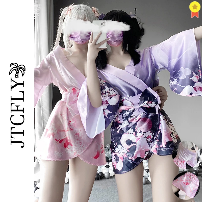 

Women's Sexy Cosplay Kimono Costume Japanese Geisha Yukata Sweet Floral Patten Gown Blossom Satin Bathrobe Sleepwear with Belt