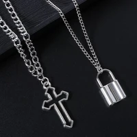 for men women gift neck jewelry cool street style punk choker long chain padlock pendant necklace hollow cross pendant