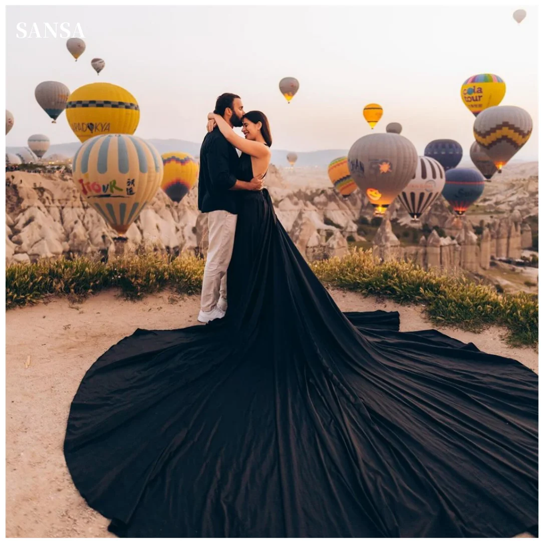 Женское платье с лямкой на шее Sansa черное летающее длинным шлейфом для выпускного