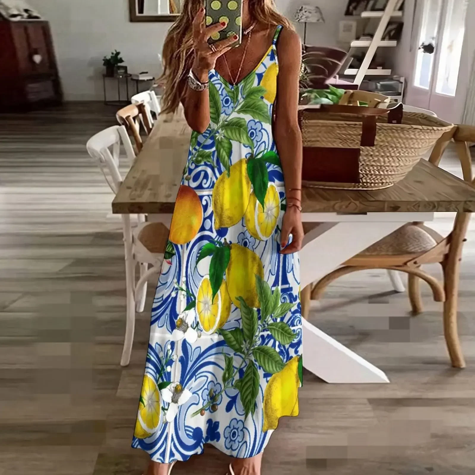 Средиземноморское лимонное платье без рукавов летнее женские платья 2024