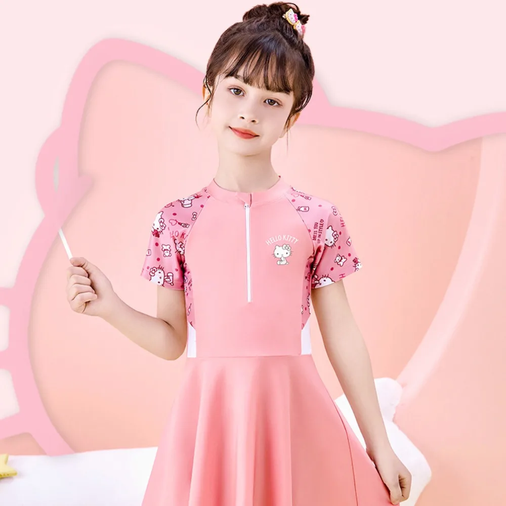 Kawaii Hello Kitty девочка цельный купальник Sanrio аниме 2024 новый летний детский купальный