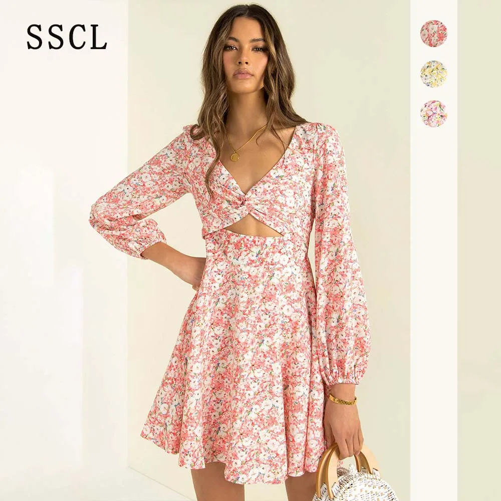 

SSCL Fashion Women Sexy Dress Hollow Out V-neck Summer Beach Cover-ups Elegant Long Sleeve Dresses Floral Vestidos Para Mujer