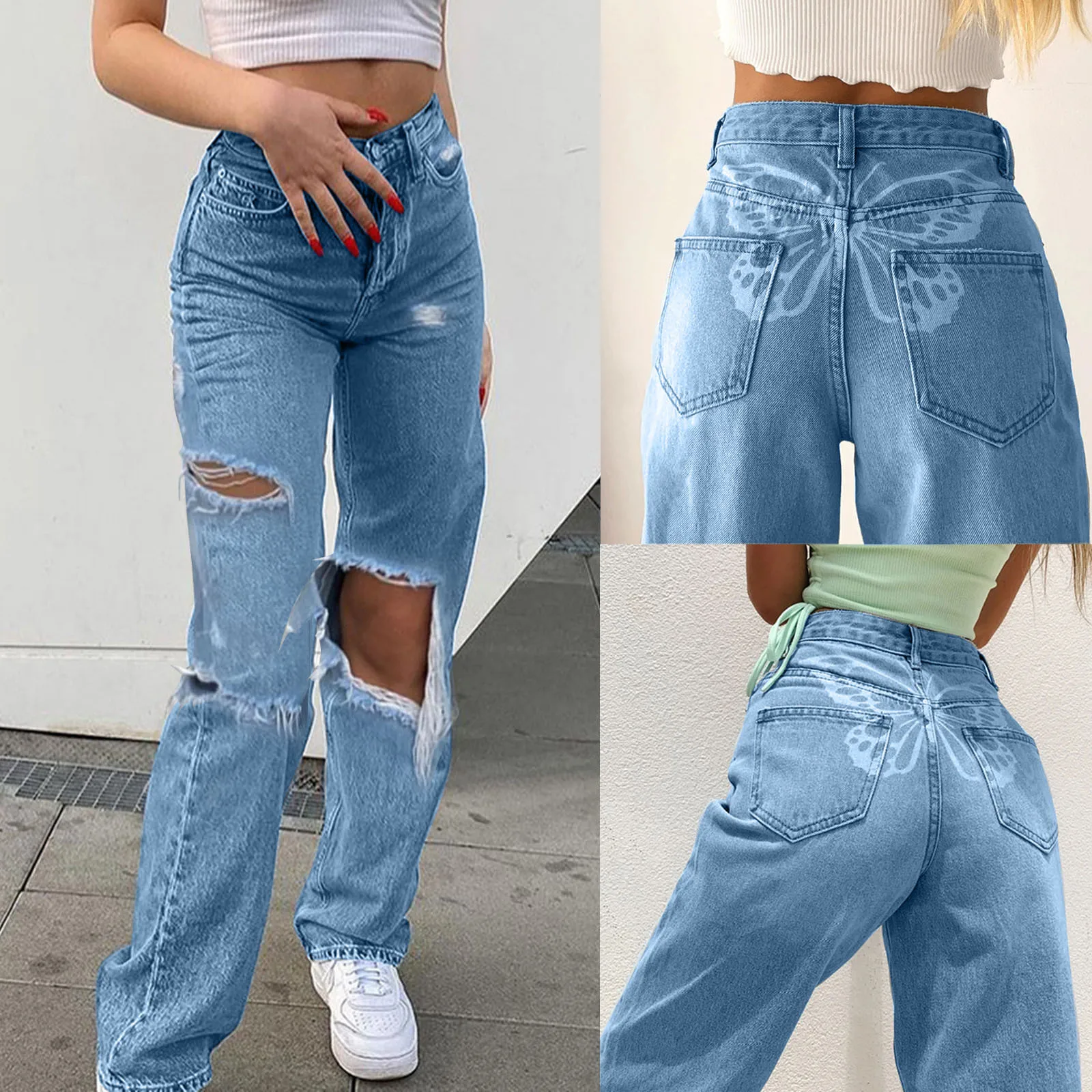 

Hole Pants Butterflies High Women Denim Pocket Waist Jeans Loose Elastic Pants Vestidos